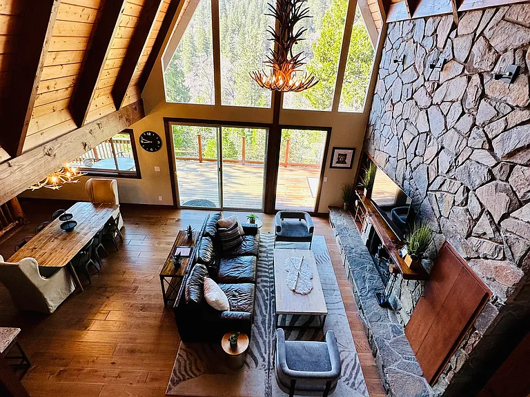Aerial view of the living room and dining area