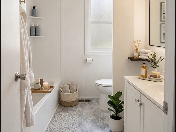 Clean, spacious bathroom, creates a sanctuary for bathing and relaxing daily. All Decor has been rendered.