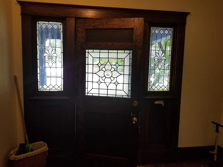 front door in foray. stained glass