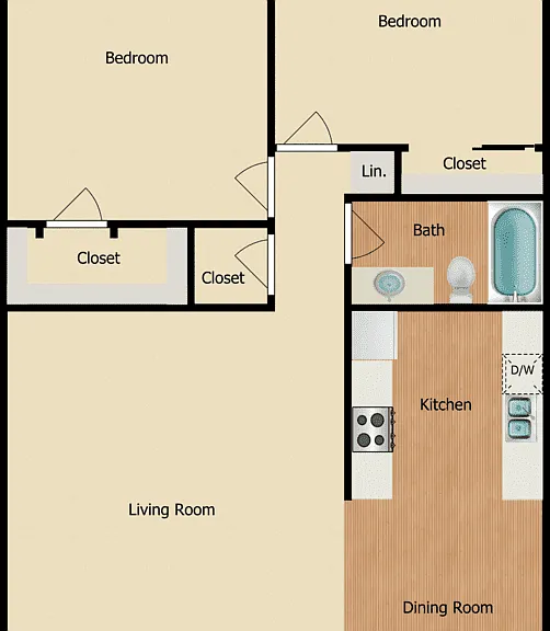 2 Bed 1 Bath Floorplan Diagram