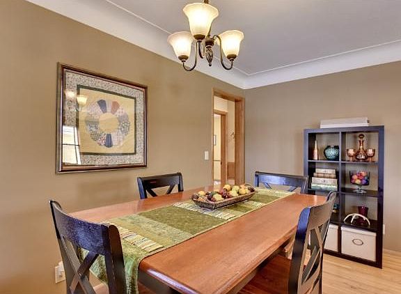 Formal dining space flows into the living room.