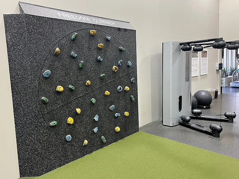 Modern fitness center featuring an innovative Freedom Climber for dynamic workouts and versatile gym equipment.
