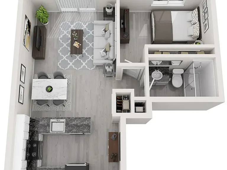A 3D floor plan rendering of The Marian.