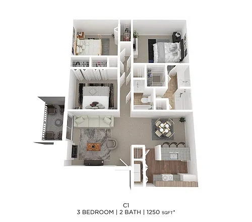 Floor plan Three Bed Two Bath 1250 Sqft