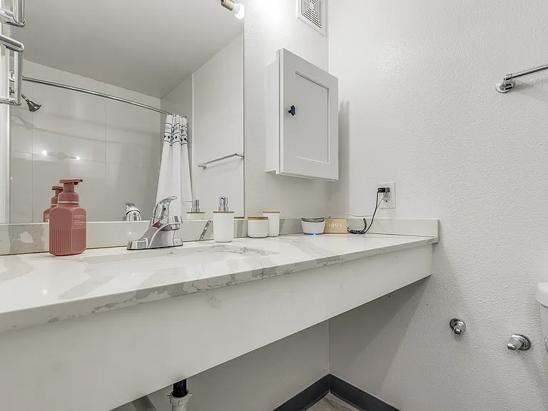 Simple bathroom essentials with plenty of counter space.