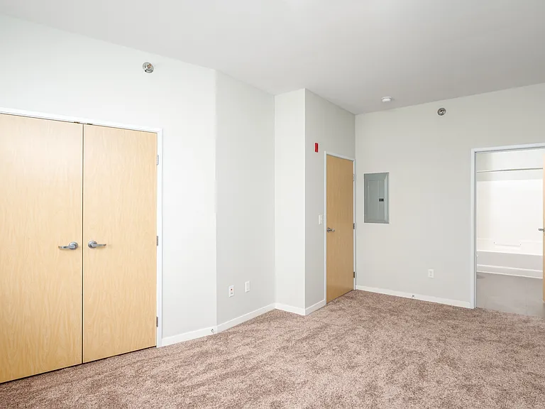 Modern apartment room with two wooden doors, carpeted flooring, and bright natural lighting. Ideal for a cozy and inviting living space. Modern apartment room with two wooden doors, carpeted flooring, and bright natural lighting. Ideal for a cozy and invi