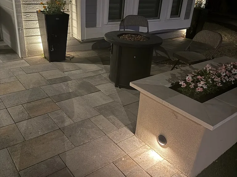 Fire ring sits 4. Umbrella area on opposite side fits 10 people