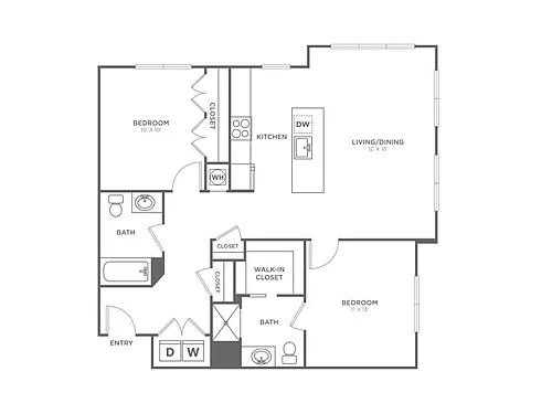 Floor plan Two Bedroom Two Bath (1,099 SF)