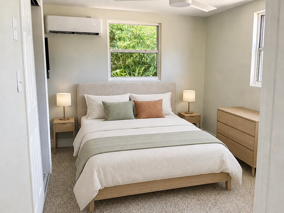 Bedroom (furniture is virtually staged and is not included with rental)