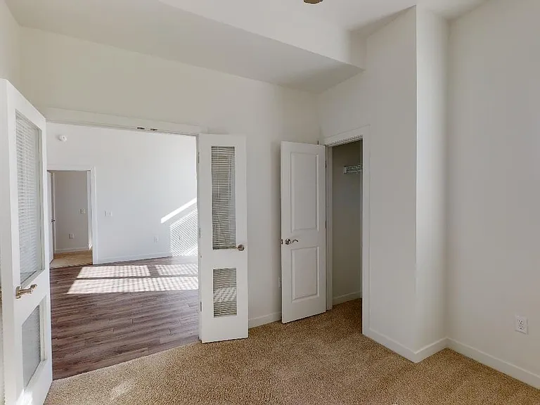 Spacious apartment bedroom with plush carpet flooring.