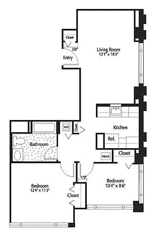 Floor plan 1Bed 1 Bath Den