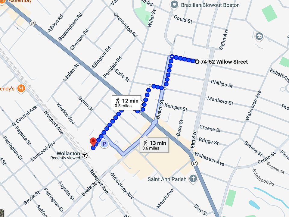 Wollaston Red Line T stop is 10-12 mins walk (.5 miles) away.