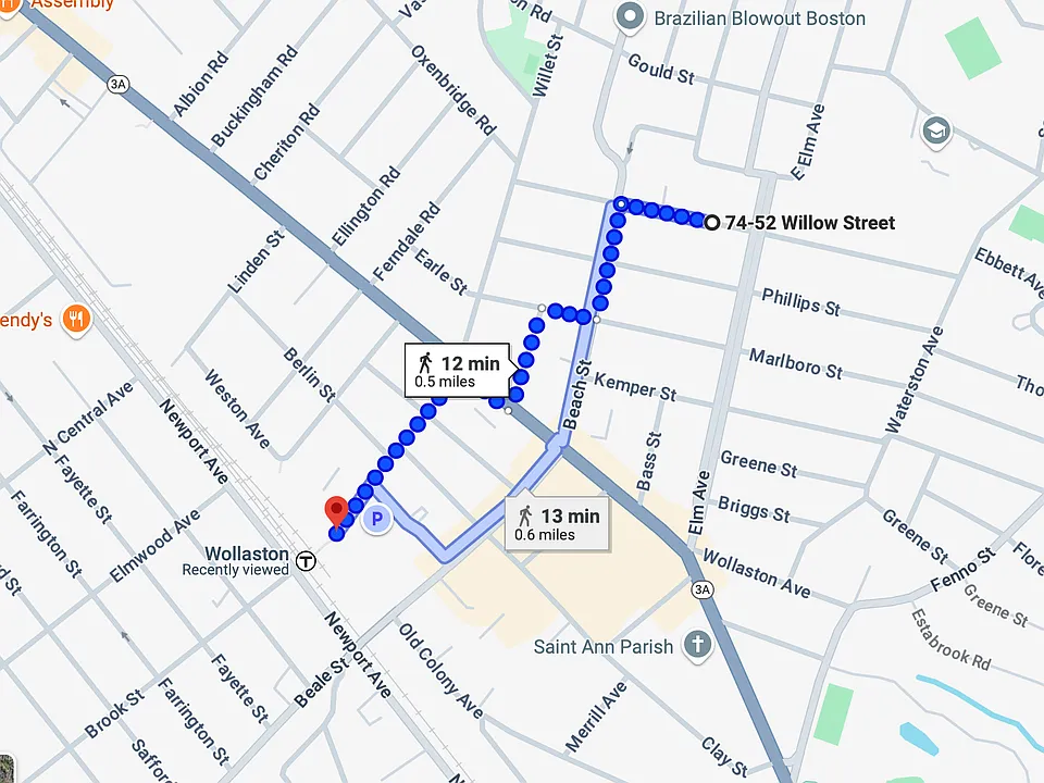 Wollaston Red Line T stop is 10-12 mins walk (.5 miles) away.