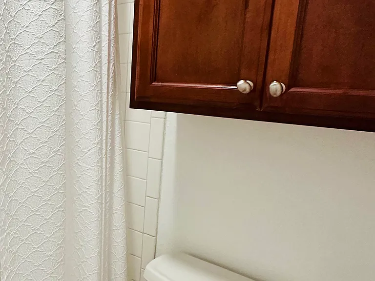 Clean bathroom. Tub with shower and rainfall showerhead.