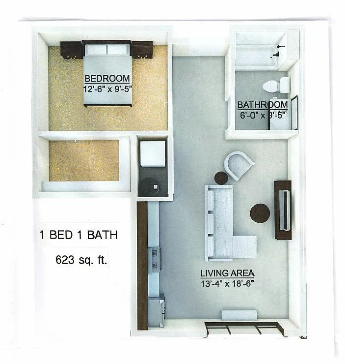 Floor plan 1 Bedroom C No Patio and Balcony