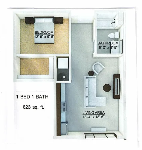 Floor plan 1 Bedroom C No Patio and Balcony
