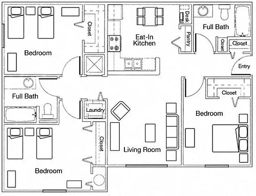 Floor plan Three Bedroom Two Bathroom 60%