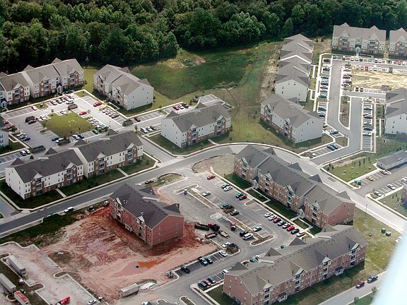 Aerial view during construction - bldg. to upper-right of center