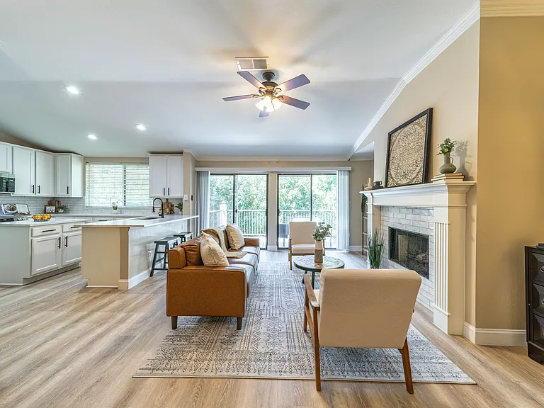 Living area view into kitchen
