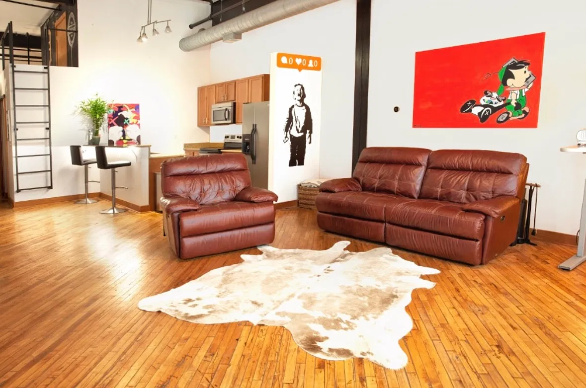Loft Living Area with original diagonal hardwood floors