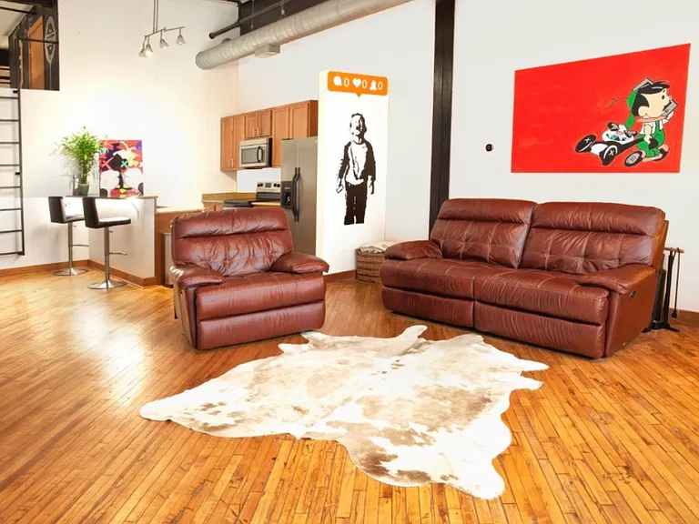 Loft Living Area with original diagonal hardwood floors