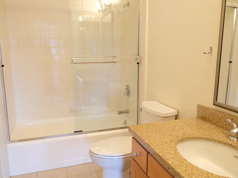 Bathroom with shower, tub.