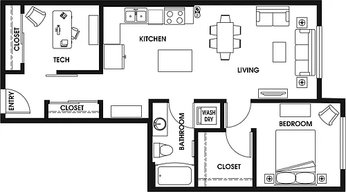 Floor plan 1 Bed/1 Bath Den ARCH-B9