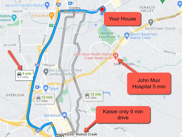 5-9 min drive to all major hospitals/medical office parks. Walking distance to Bart. Minutes to 680/24 freeway fast access to San Francisco/Oakland & Bay Area. **Just foot steps to Heather Farms Park **5 MIN UBER ride to downtown Walnut Creek