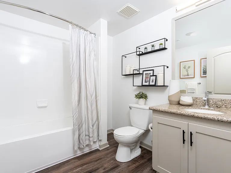Renovated bathrooms include new lighting, faucet, and hardware