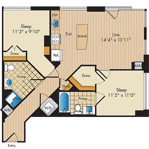 Floor plan 2 Bed 2 Bath-B2a