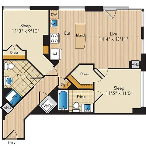 Floor plan 2 Bed 2 Bath-B2a