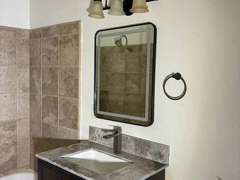 new vanity top , sink, faucet electric mirror