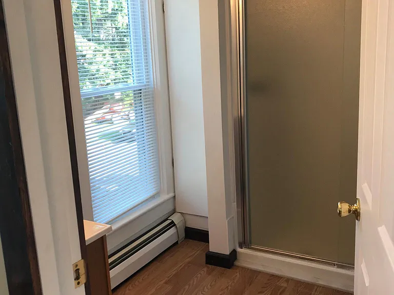 Bathroom with walk in shower, exhaust fan/light and rainfall shower head.