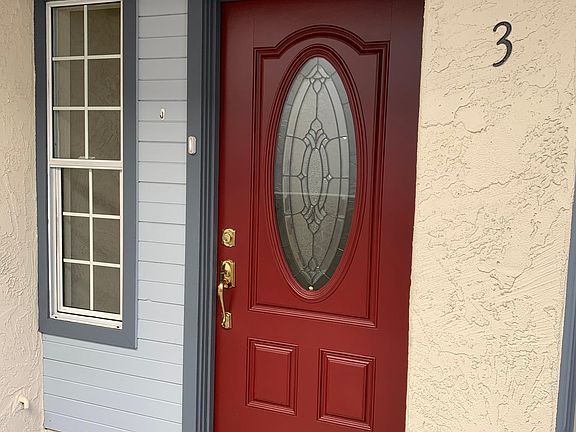 Entry door with decorative glass.