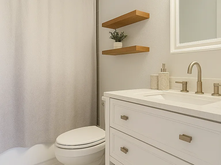 Bright and clean bathroom with modern finishes and soft lighting.