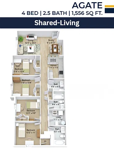 Floor plan 4 Bed 3 Bath Shared-Living Apartment
