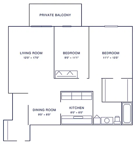 Floor plan 2 Bedroom, 1 Bath (858 sqft.) - South