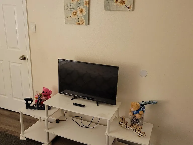 Shared living area with wood-look flooring and a TV console setup, offering a convenient spot for relaxing and streaming.