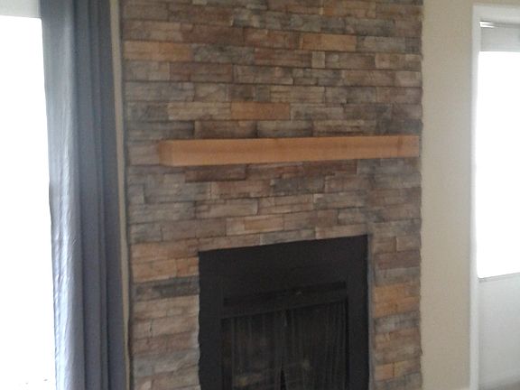 Stacked stone fireplace