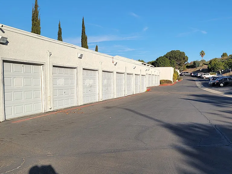 Private residents' garages at the Presidio Villa Apartments in Vista, California.
