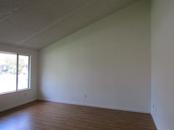 Living room with vaulted ceiling.