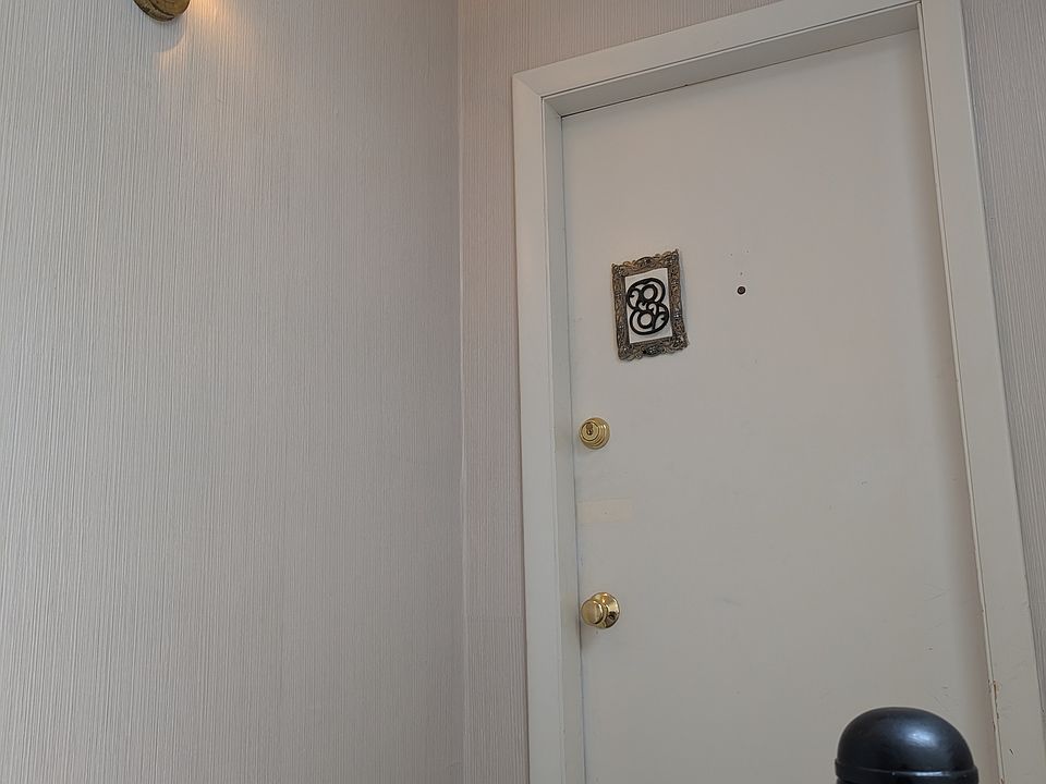 Unit #8 door, top floor rear facing, skylights in the landing ceiling.