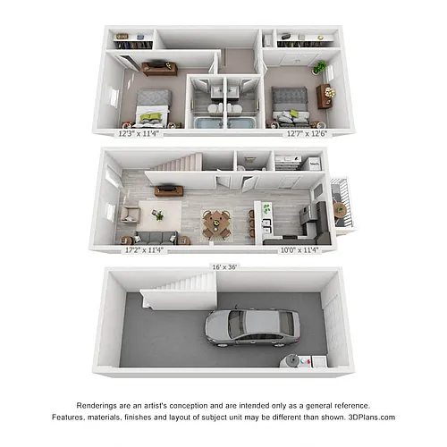 Floor plan 2 Bedroom, 2.5BA Townhome with Drive Under Garage
