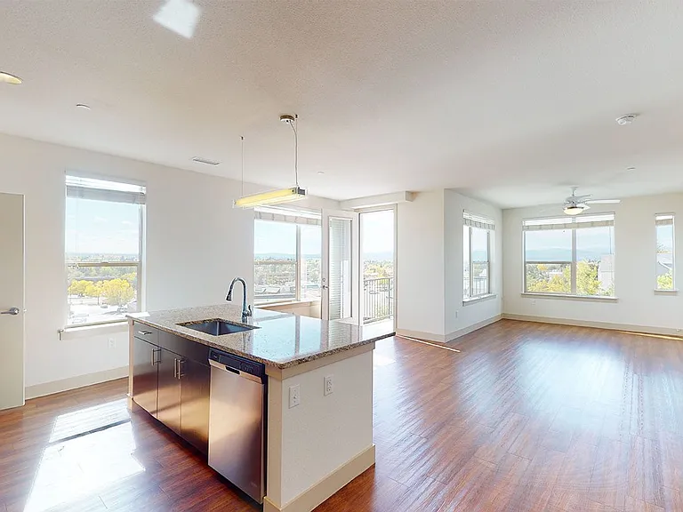 Apartment dining and living room with wood-style flooring.