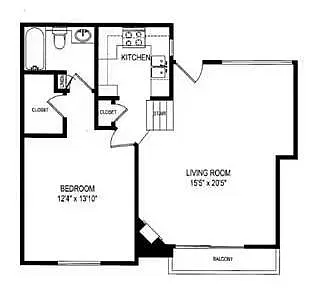 Floor plan 1 Bed, 1 Bath B