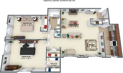 Floor plan 2 Bedroom 1 Bathroom - 945 SqFt
