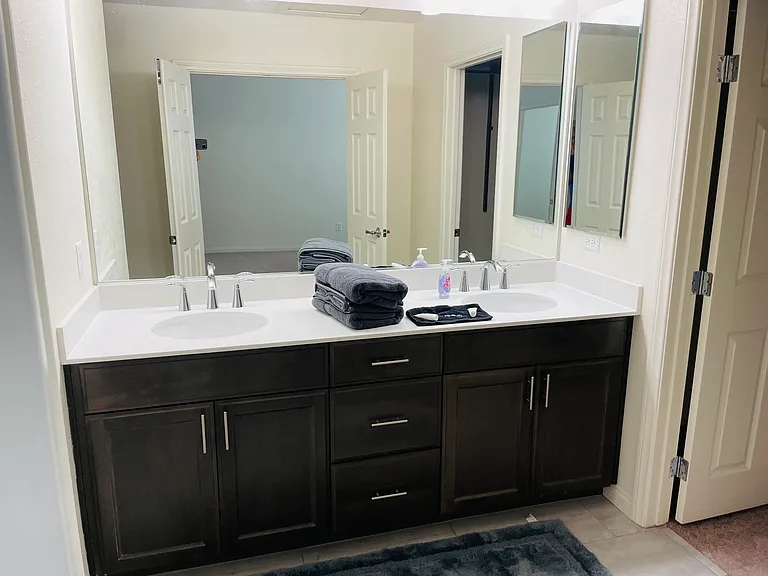 Dual sinks and modern countertops/cabinets in the master bath.
