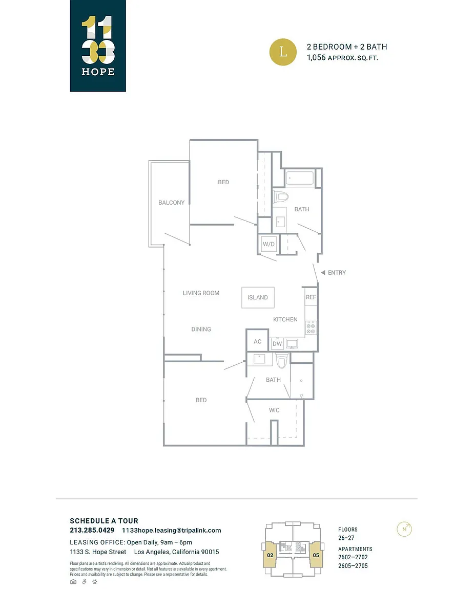 Floor plan 2 Bed 2 Bath - 1056 sqft