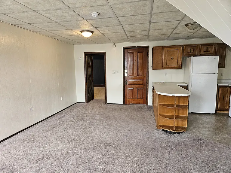 Kitchen area, center door is hall entrance, left doorway is to the bedroom