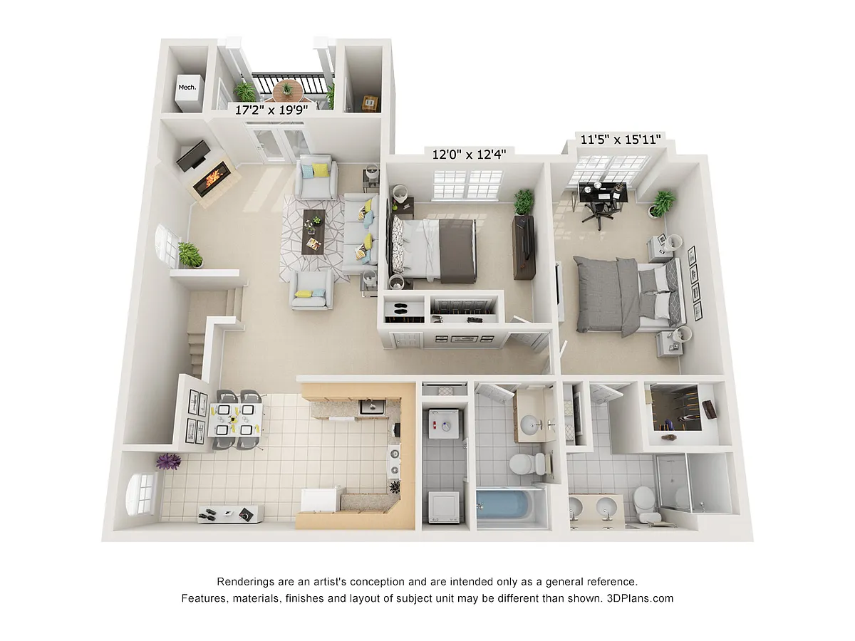 Floor plan Two Bedroom Two Bath Second Floor End